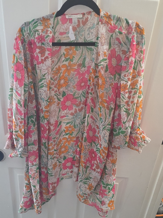 Cato Tops - Cato Floral Open Cardigan - Pink, Orange, Green on Cream